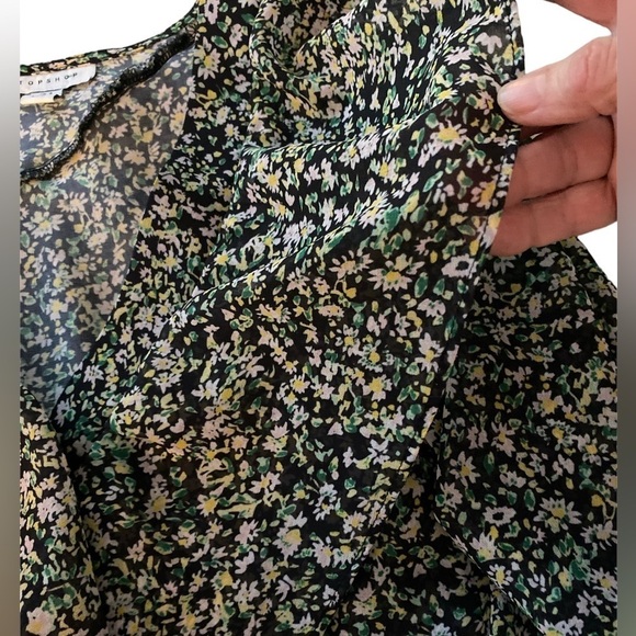 TOPSHOP top, black with floral green and rose Asymmetrical ruffles front to back - Picture 4 of 7